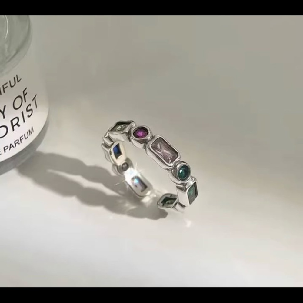 Adjustable Silver Ring With Multicolor Gemstone C… - image 1